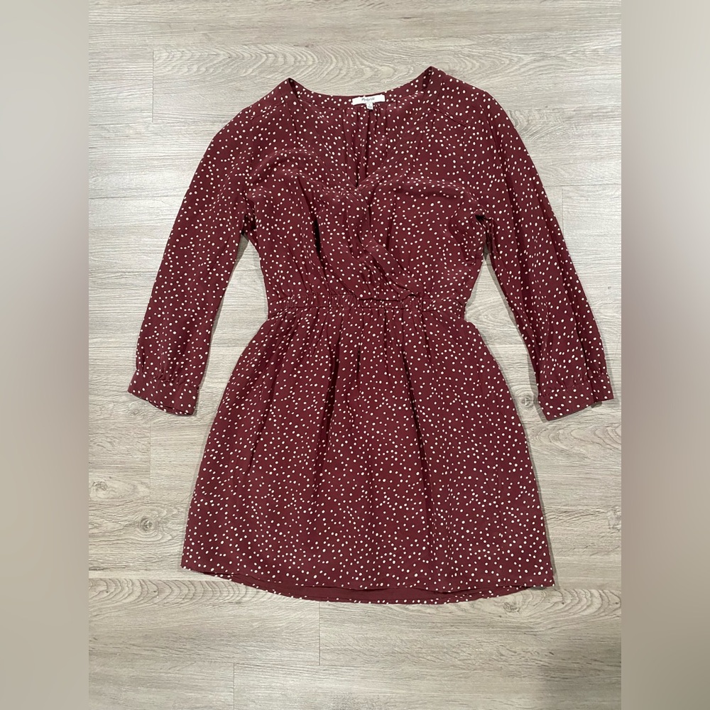 Madewell - women’s Kali 100% silk polka dots faux warp 3/4 sleeve mini dress 6 - Picture 4 of 9